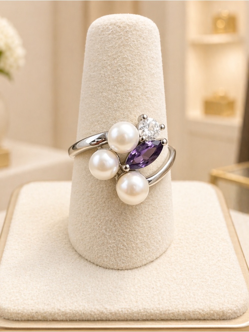 925 Sterling Silver Size 10 Ring Faux Pearl Cluster Purple Gemstone